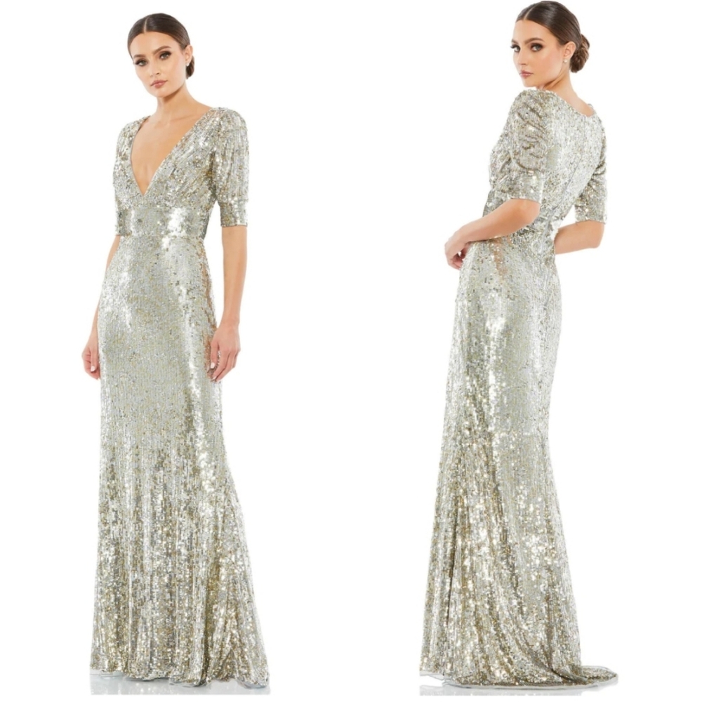 Mac Duggal | Platinum Sequin Short Sleeve Gown NWT